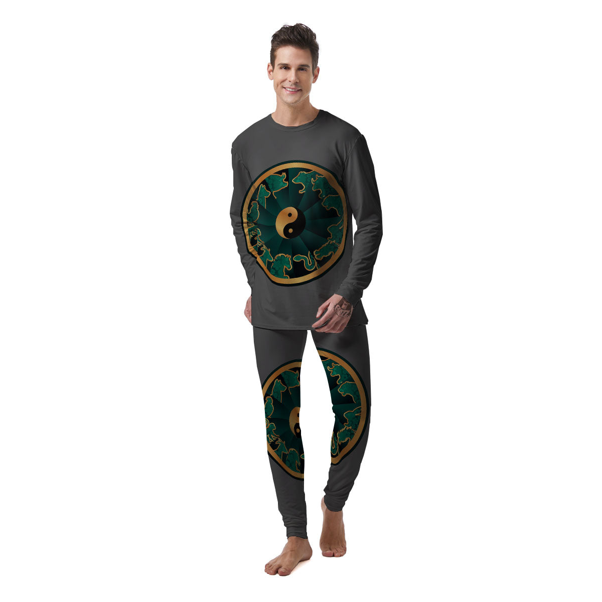 Chinese Zodiac Gold And Green Print Men's Pajamas-grizzshop