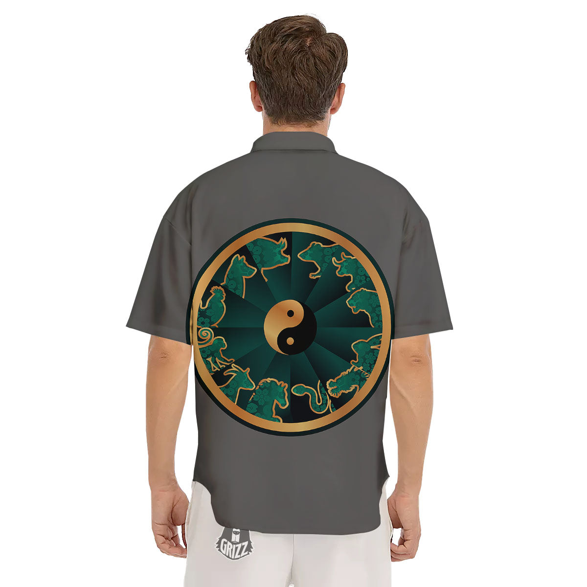 Chinese Zodiac Gold And Green Print Men's Short Sleeve Shirts-grizzshop