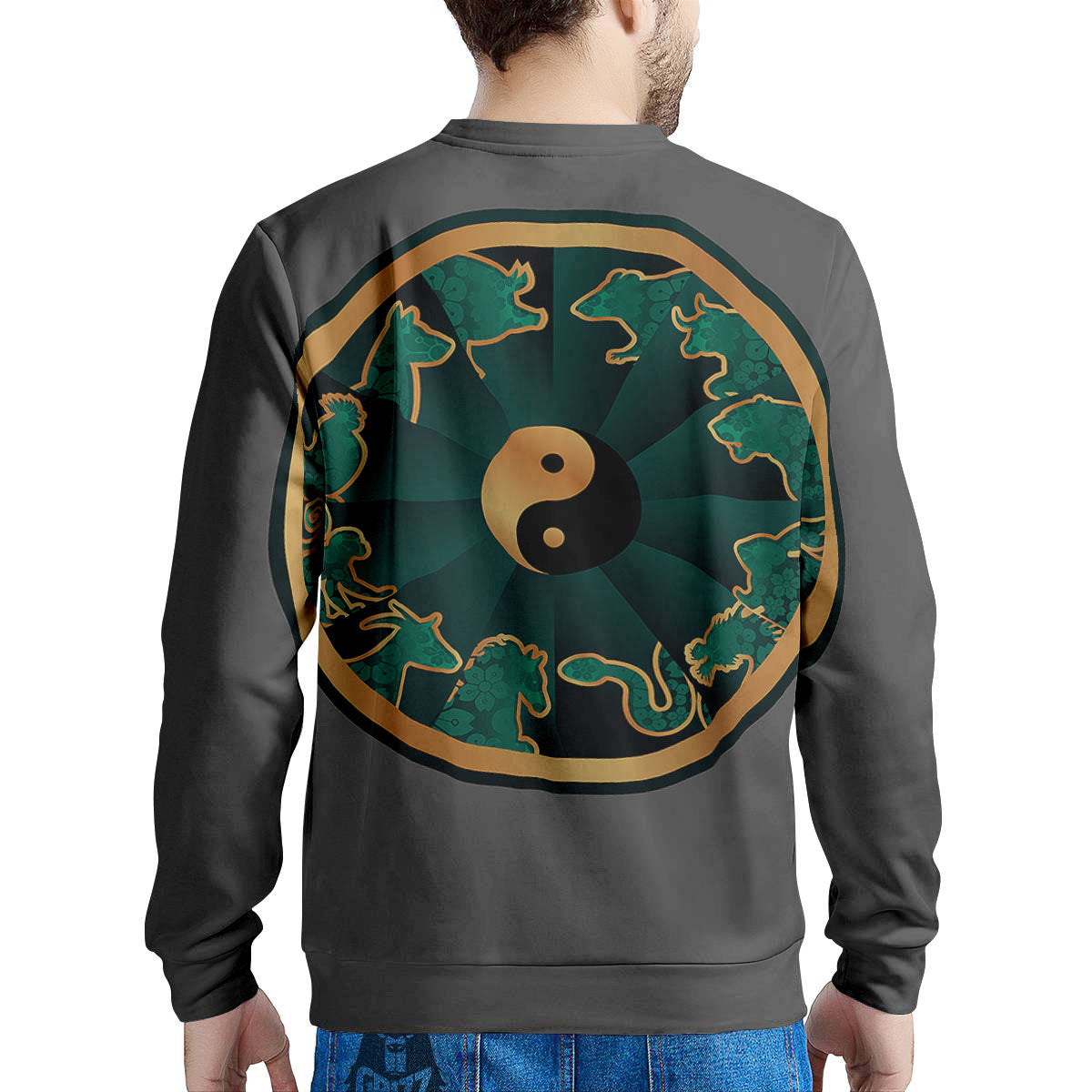 Chinese Zodiac Gold And Green Print Men's Sweatshirt-grizzshop