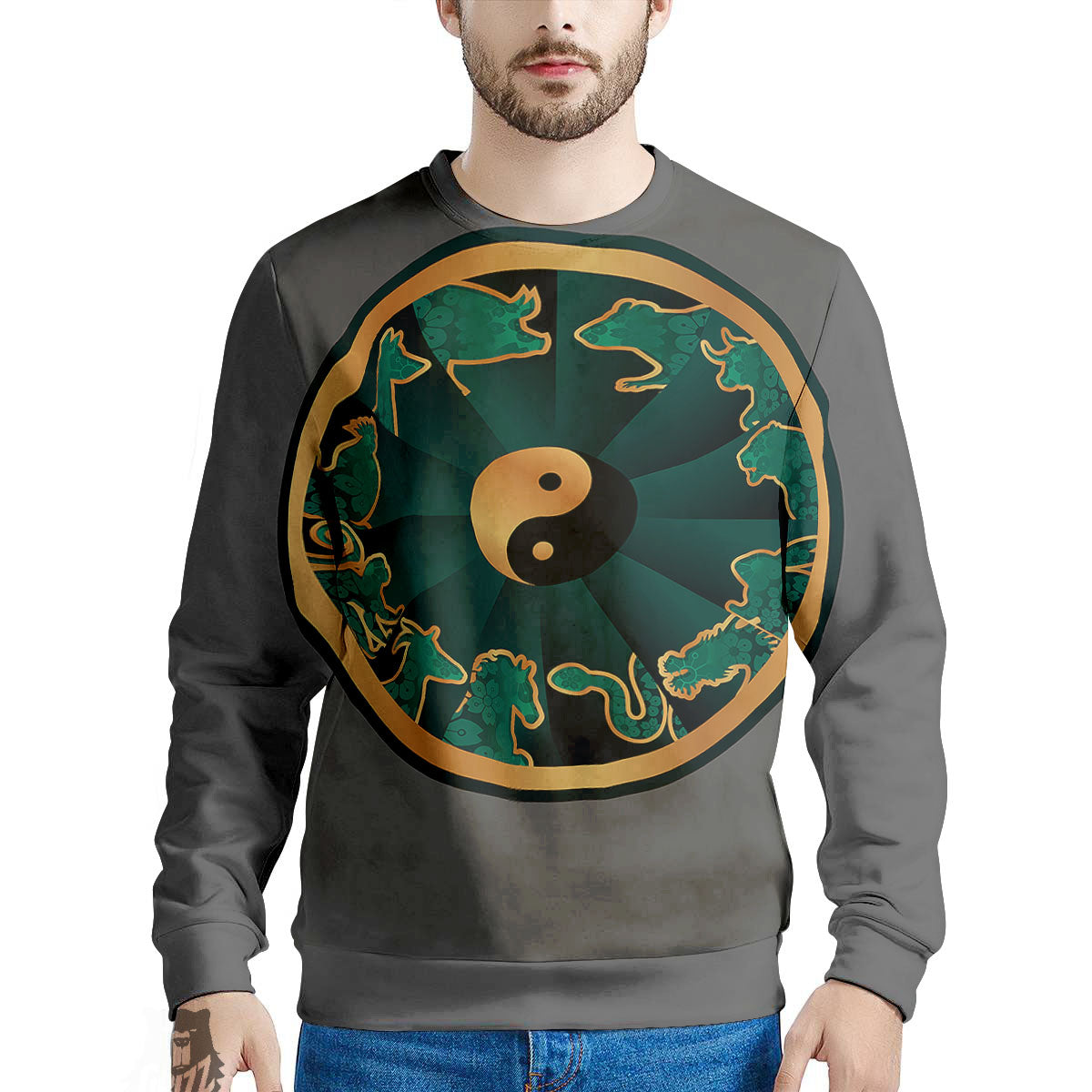 Chinese Zodiac Gold And Green Print Men's Sweatshirt-grizzshop