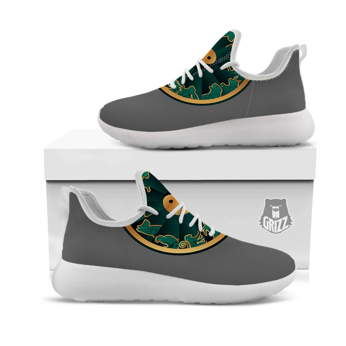 Chinese Zodiac Gold And Green Print White Athletic Shoes-grizzshop