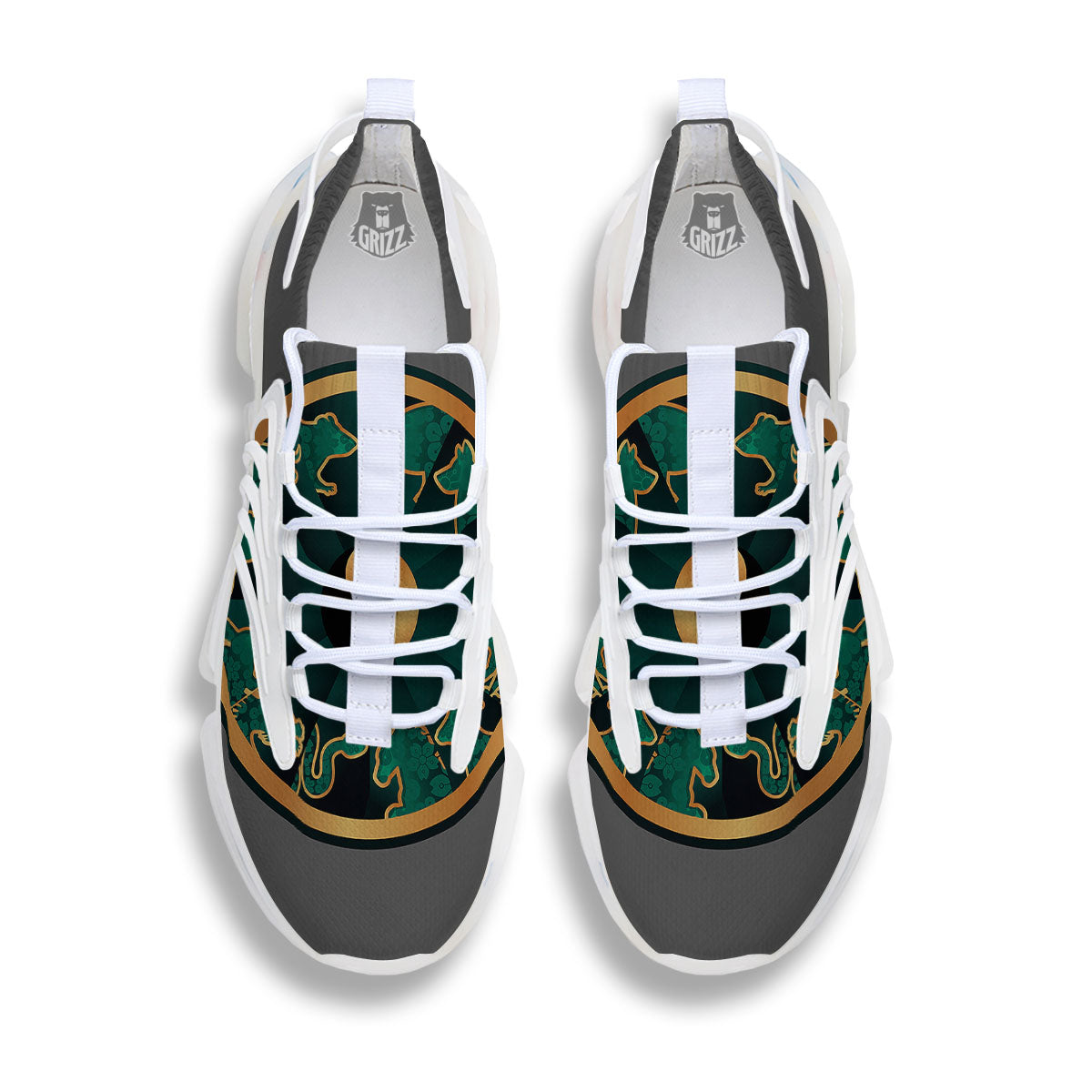 Chinese Zodiac Gold And Green Print White Gym Shoes-grizzshop