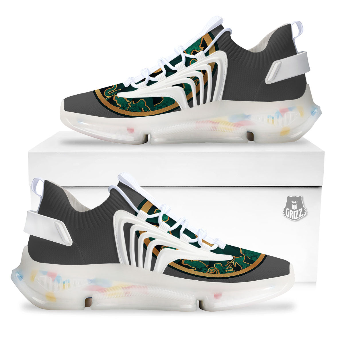 Chinese Zodiac Gold And Green Print White Gym Shoes-grizzshop