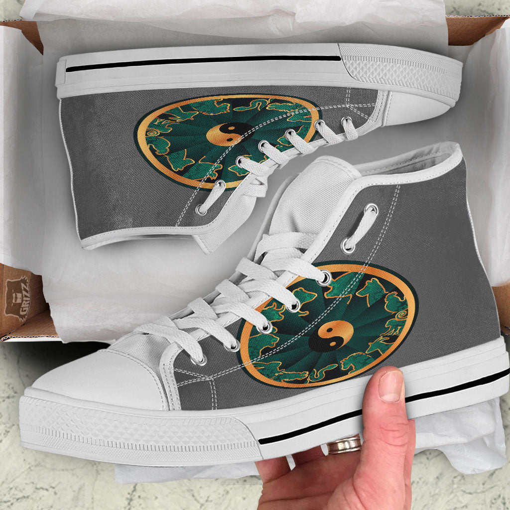 Chinese Zodiac Gold And Green Print White High Top Shoes-grizzshop