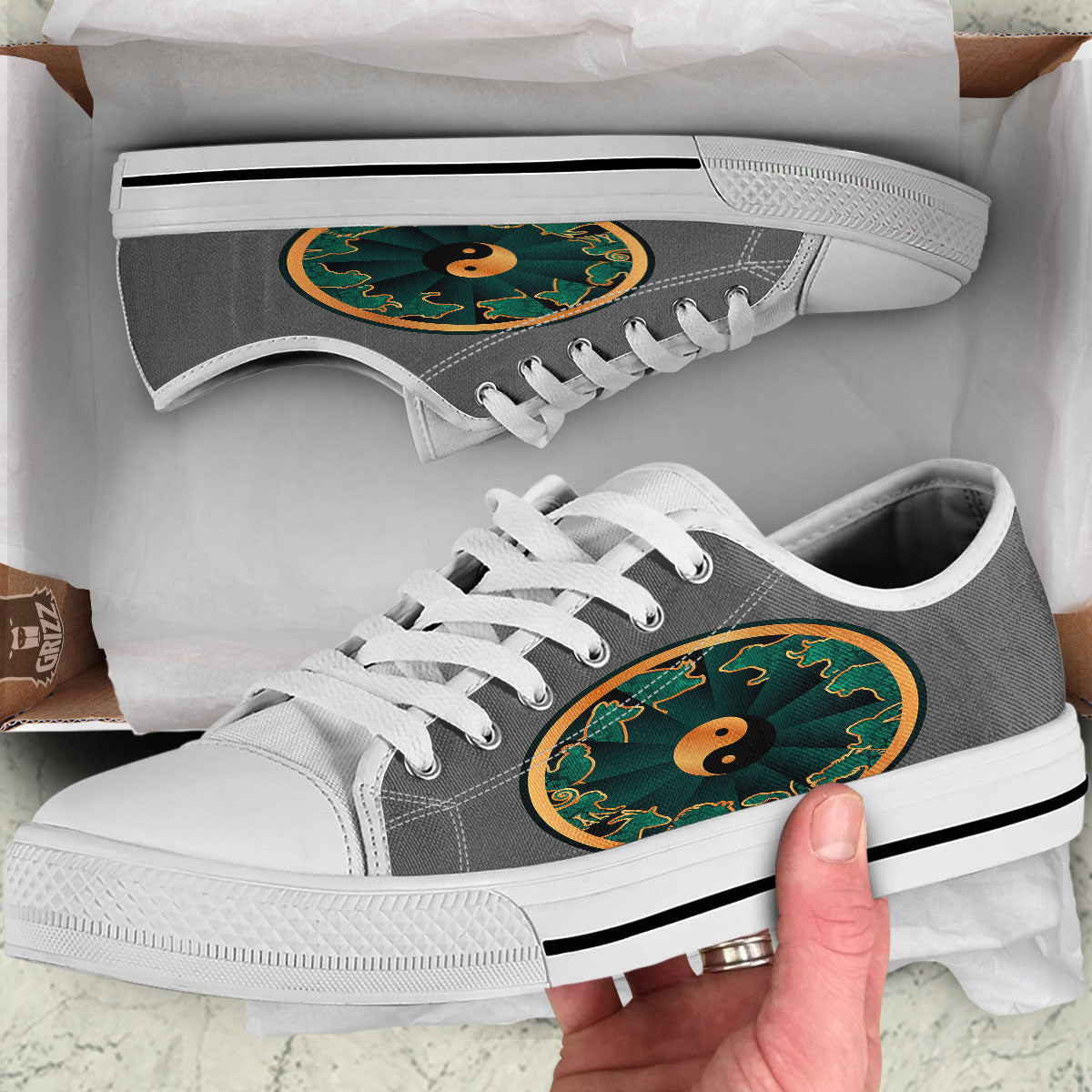 Chinese Zodiac Gold And Green Print White Low Top Shoes-grizzshop