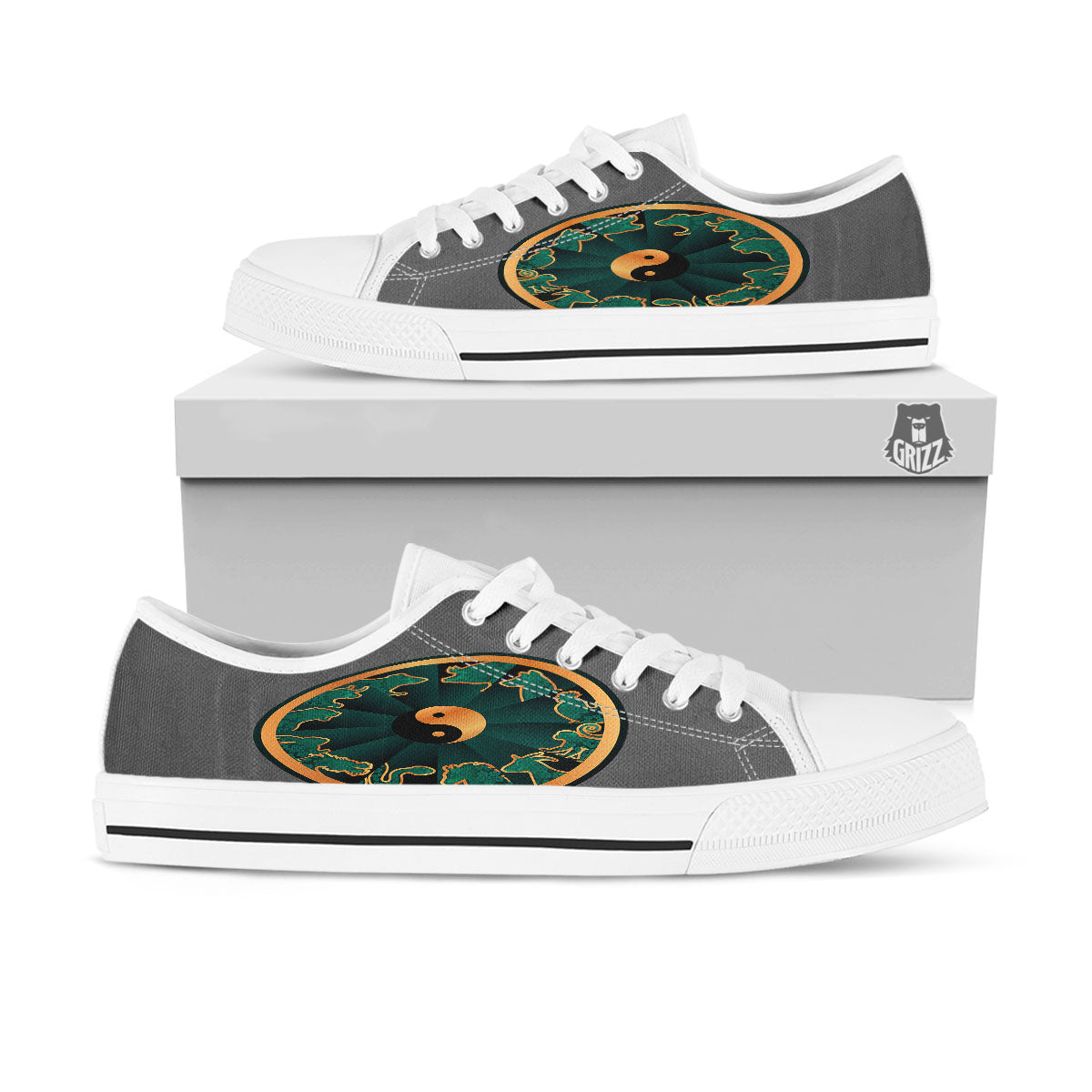 Chinese Zodiac Gold And Green Print White Low Top Shoes-grizzshop