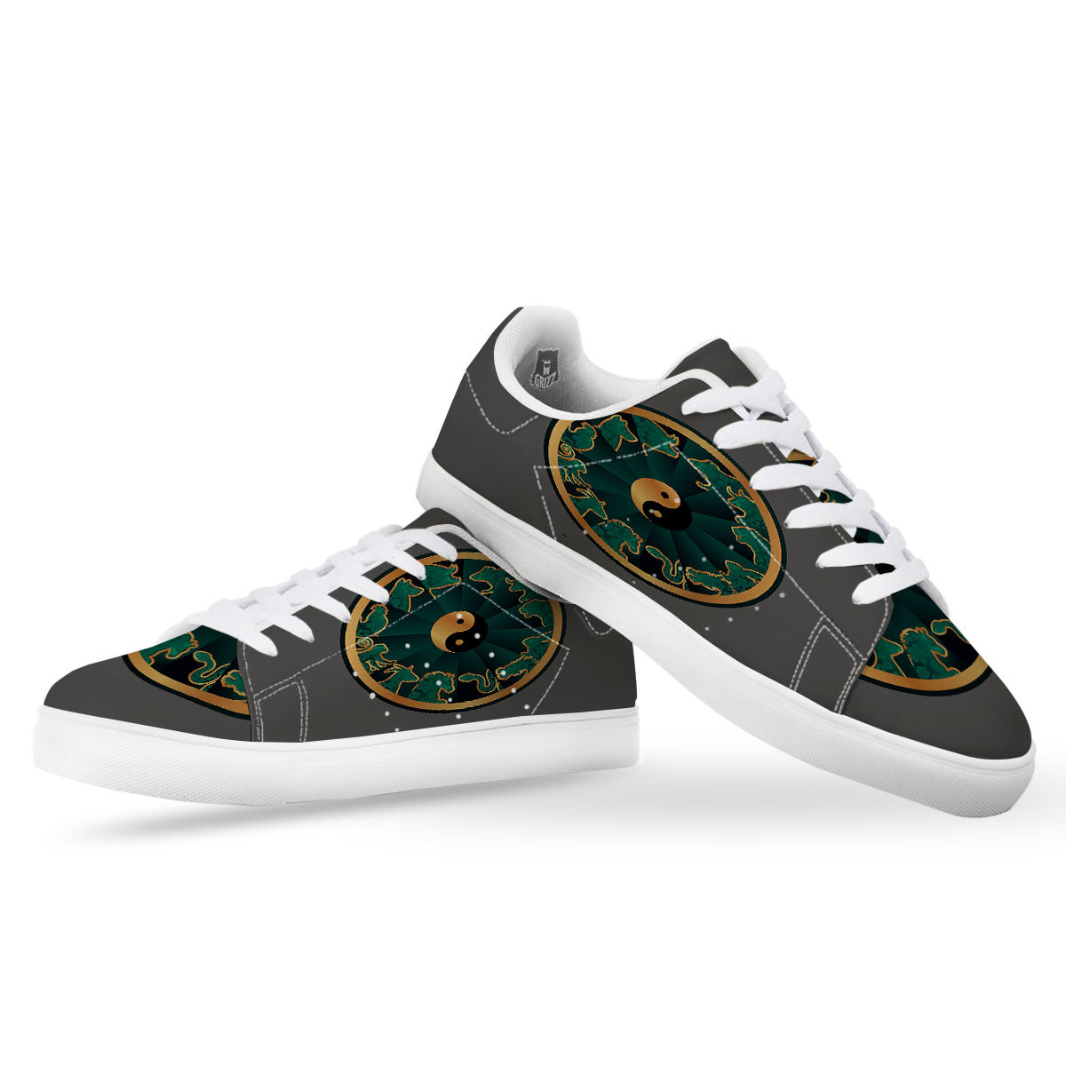 Chinese Zodiac Gold And Green Print White Low Top Sneakers-grizzshop