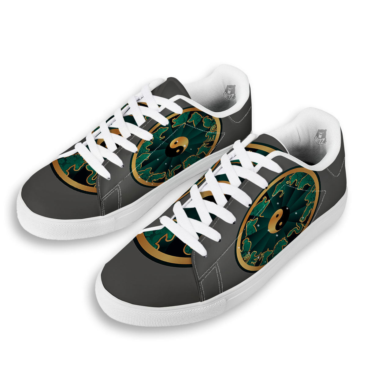 Chinese Zodiac Gold And Green Print White Low Top Sneakers-grizzshop
