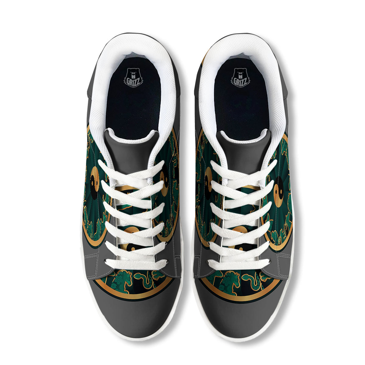 Chinese Zodiac Gold And Green Print White Low Top Sneakers-grizzshop
