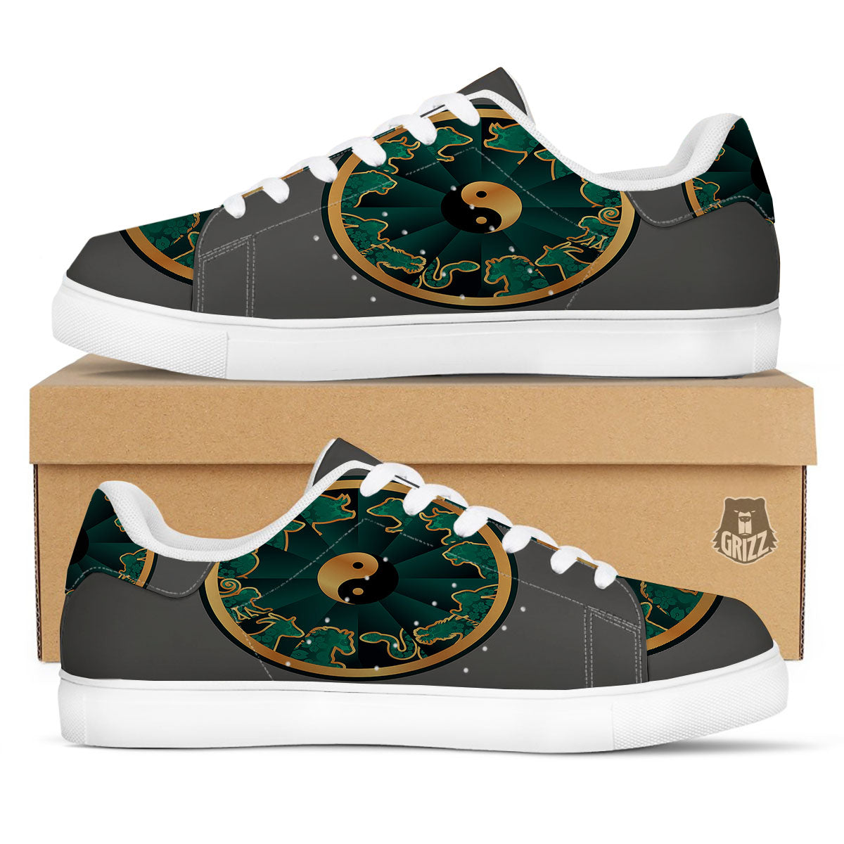 Chinese Zodiac Gold And Green Print White Low Top Sneakers-grizzshop