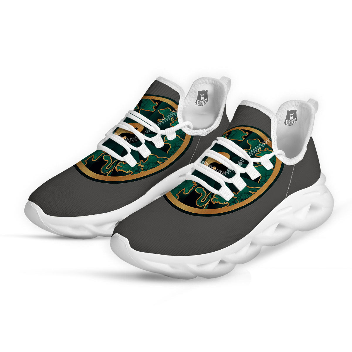 Chinese Zodiac Gold And Green Print White Running Shoes-grizzshop