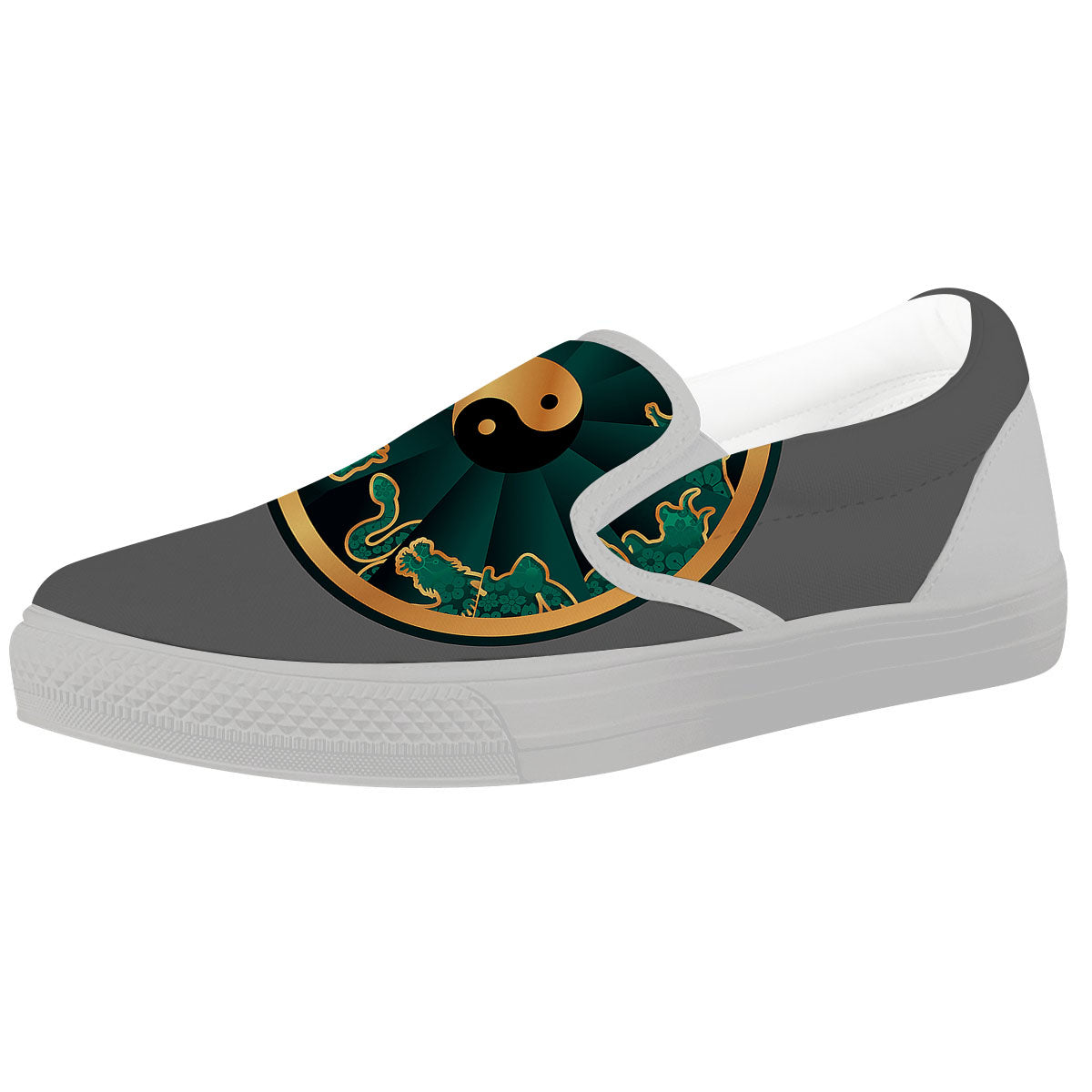 Chinese Zodiac Gold And Green Print White Slip On Shoes-grizzshop