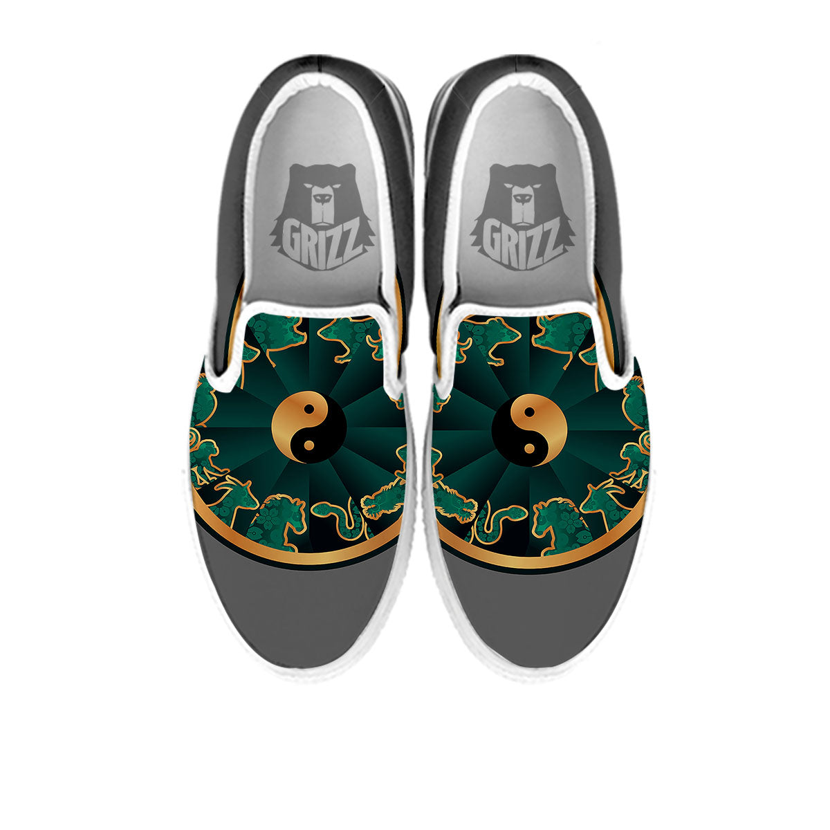 Chinese Zodiac Gold And Green Print White Slip On Shoes-grizzshop