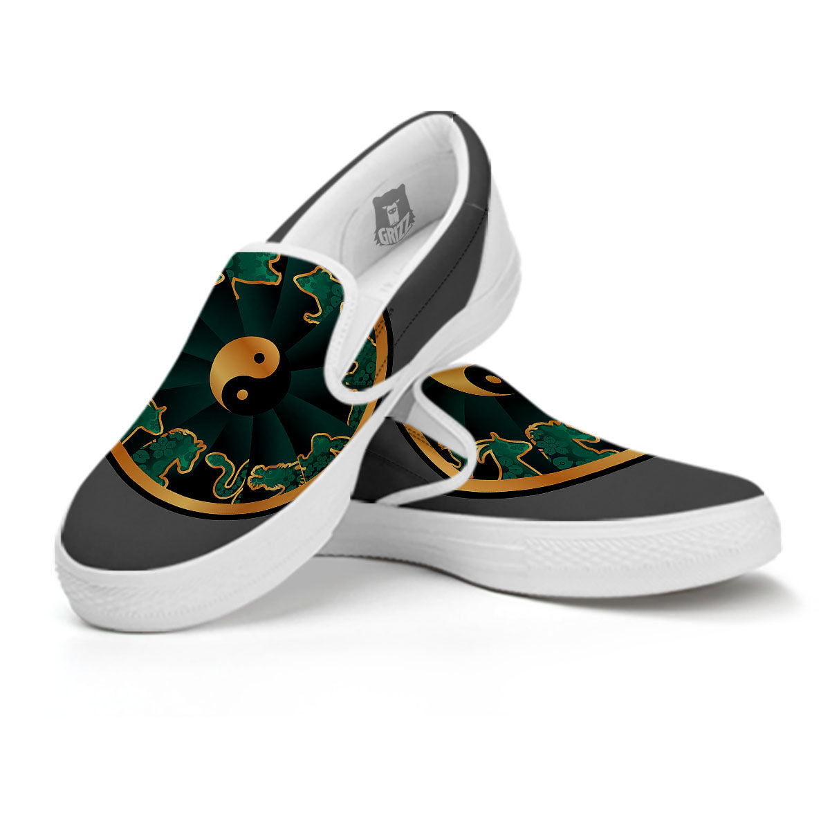 Chinese Zodiac Gold And Green Print White Slip On Shoes-grizzshop