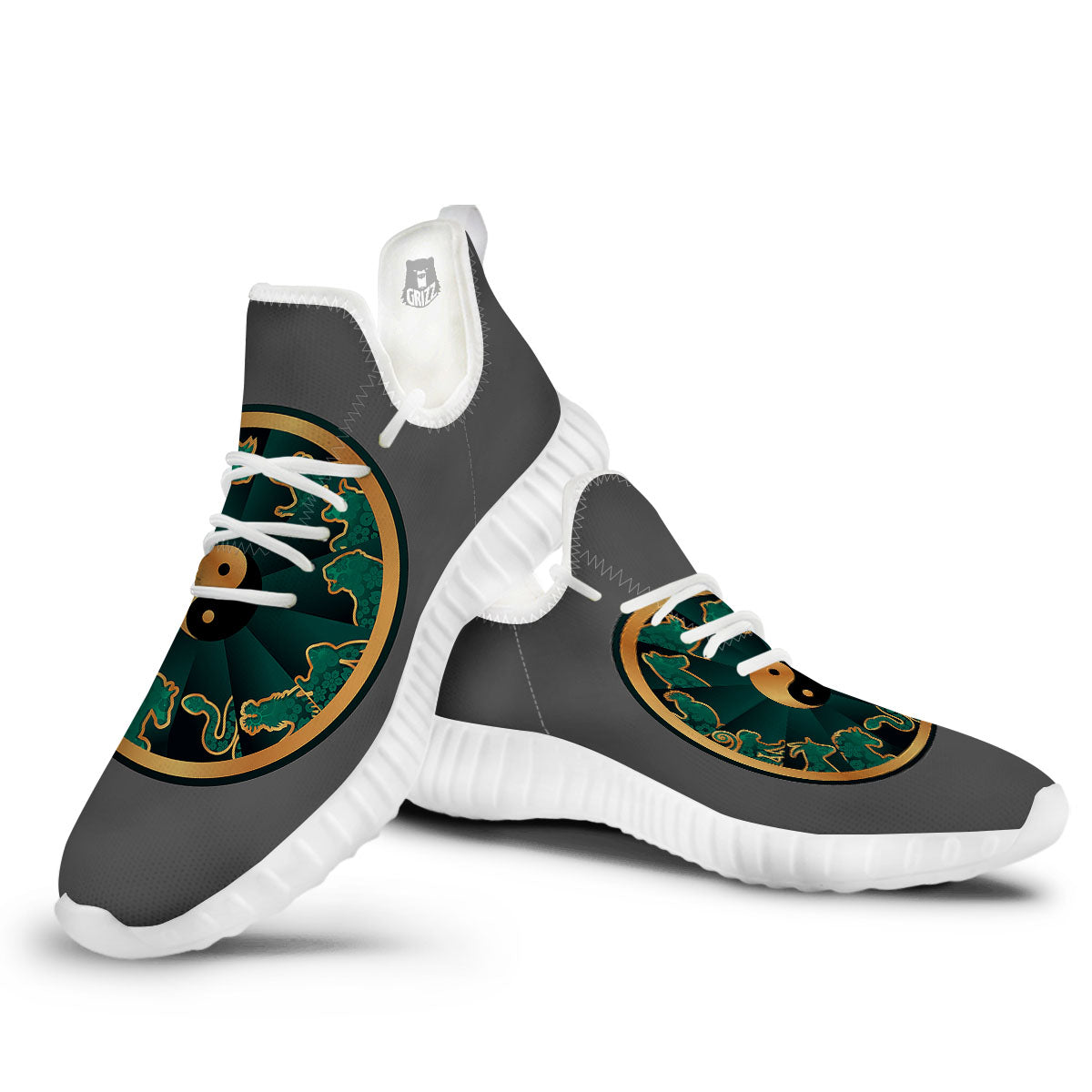 Chinese Zodiac Gold And Green Print White Walking Shoes-grizzshop