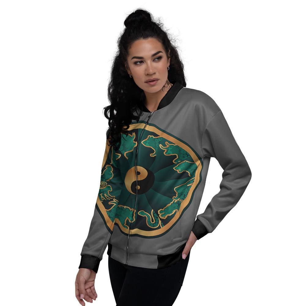 Chinese Zodiac Gold And Green Print Women's Bomber Jacket-grizzshop