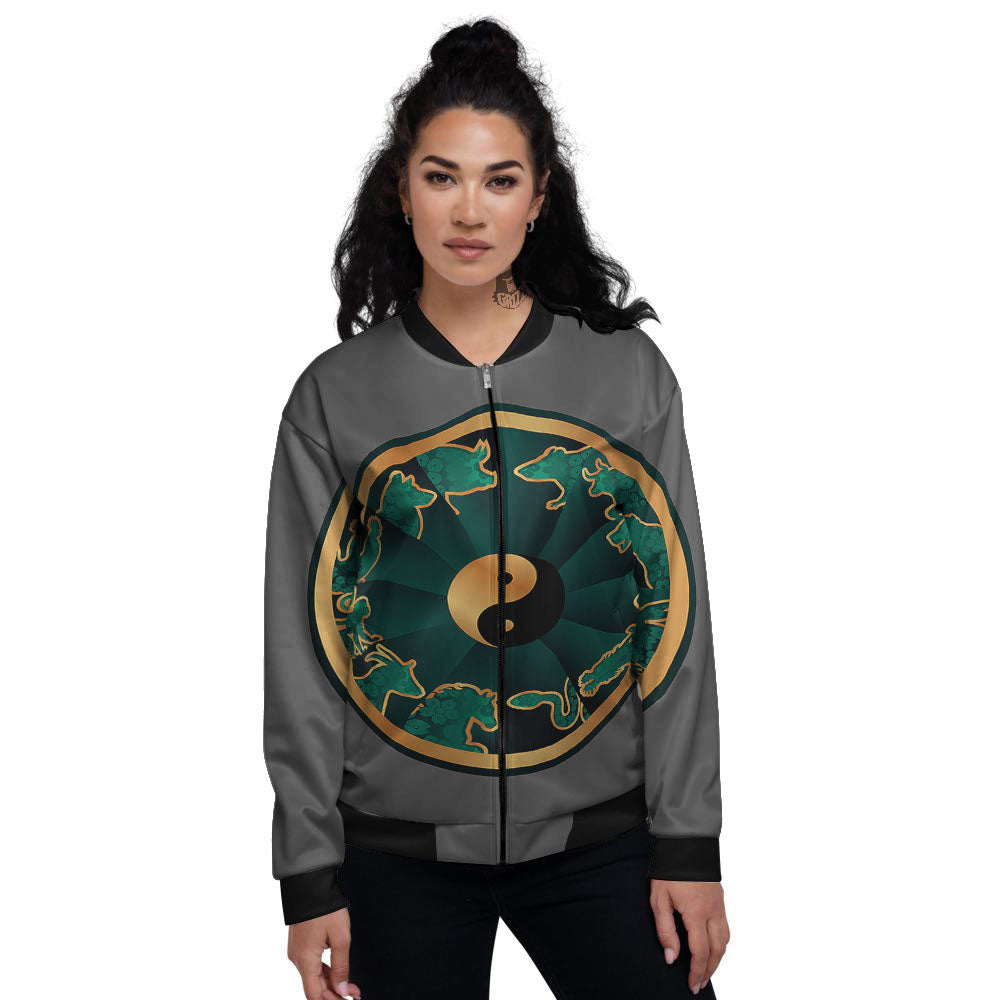 Chinese Zodiac Gold And Green Print Women's Bomber Jacket-grizzshop