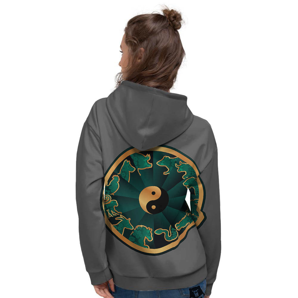 Chinese Zodiac Gold And Green Print Women's Hoodie-grizzshop
