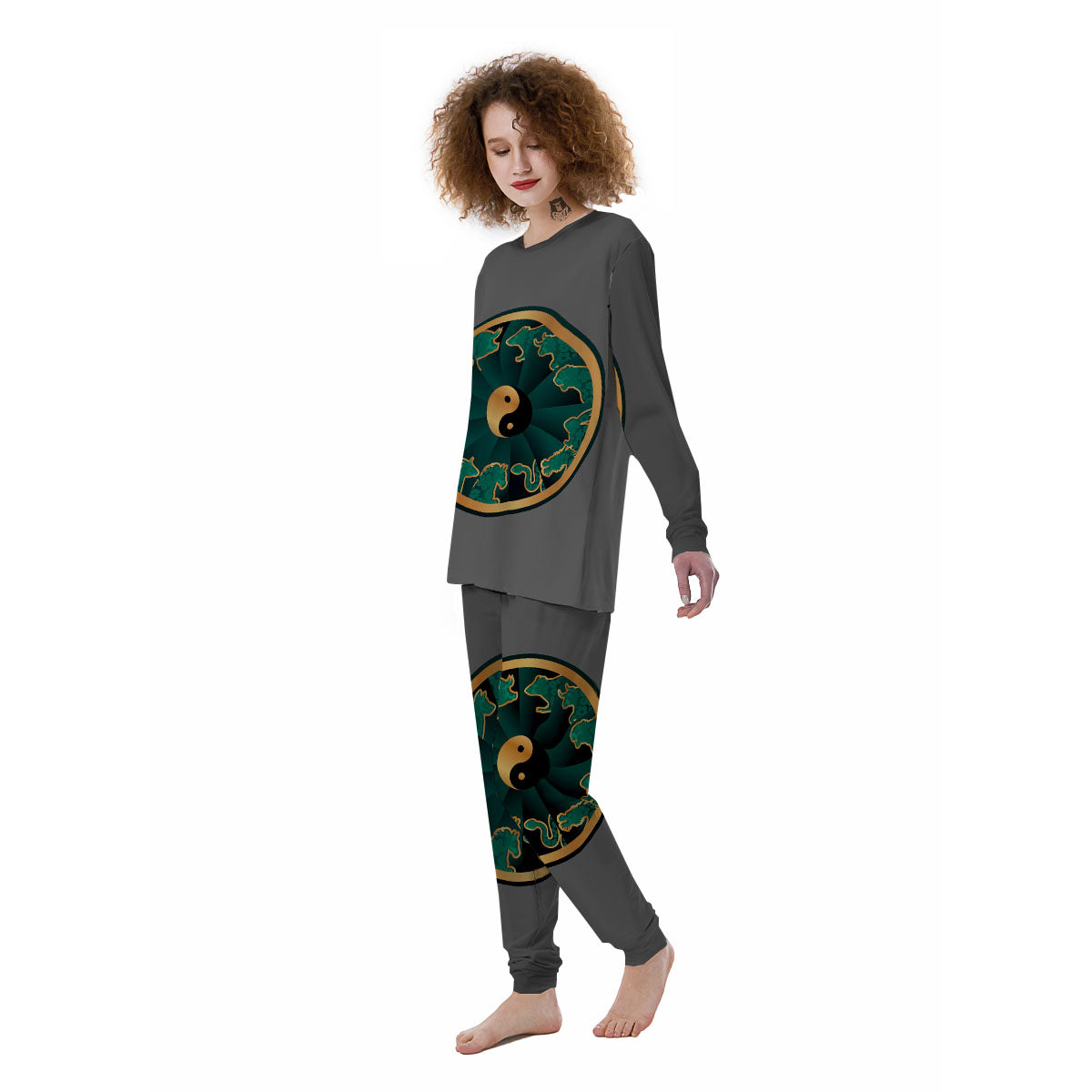 Chinese Zodiac Gold And Green Print Women's Pajamas-grizzshop
