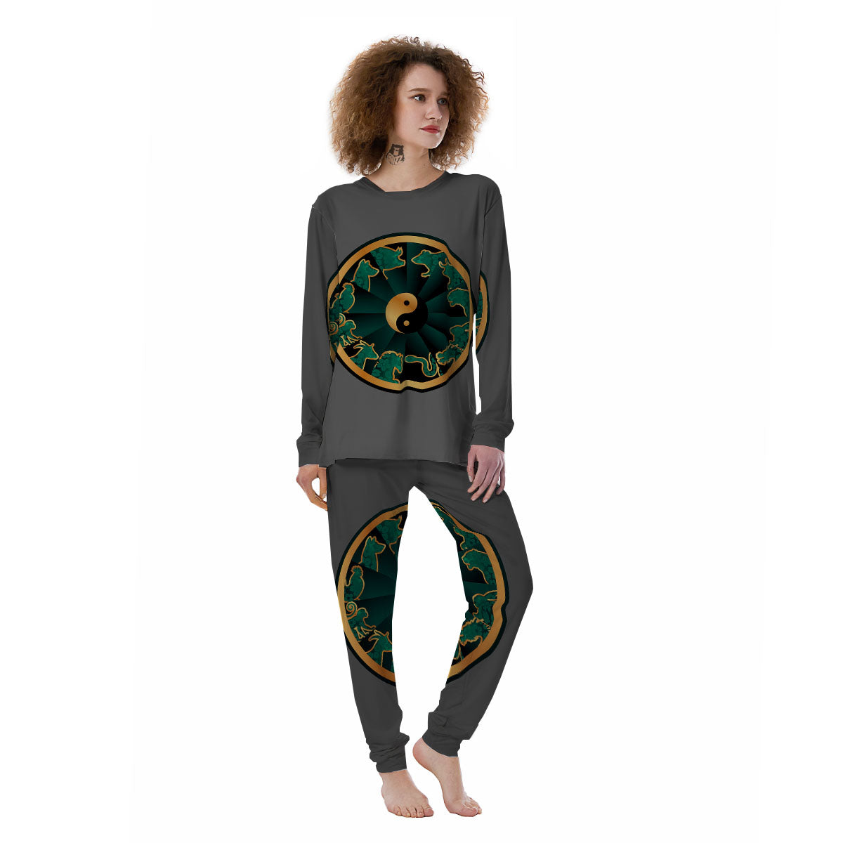 Chinese Zodiac Gold And Green Print Women's Pajamas-grizzshop