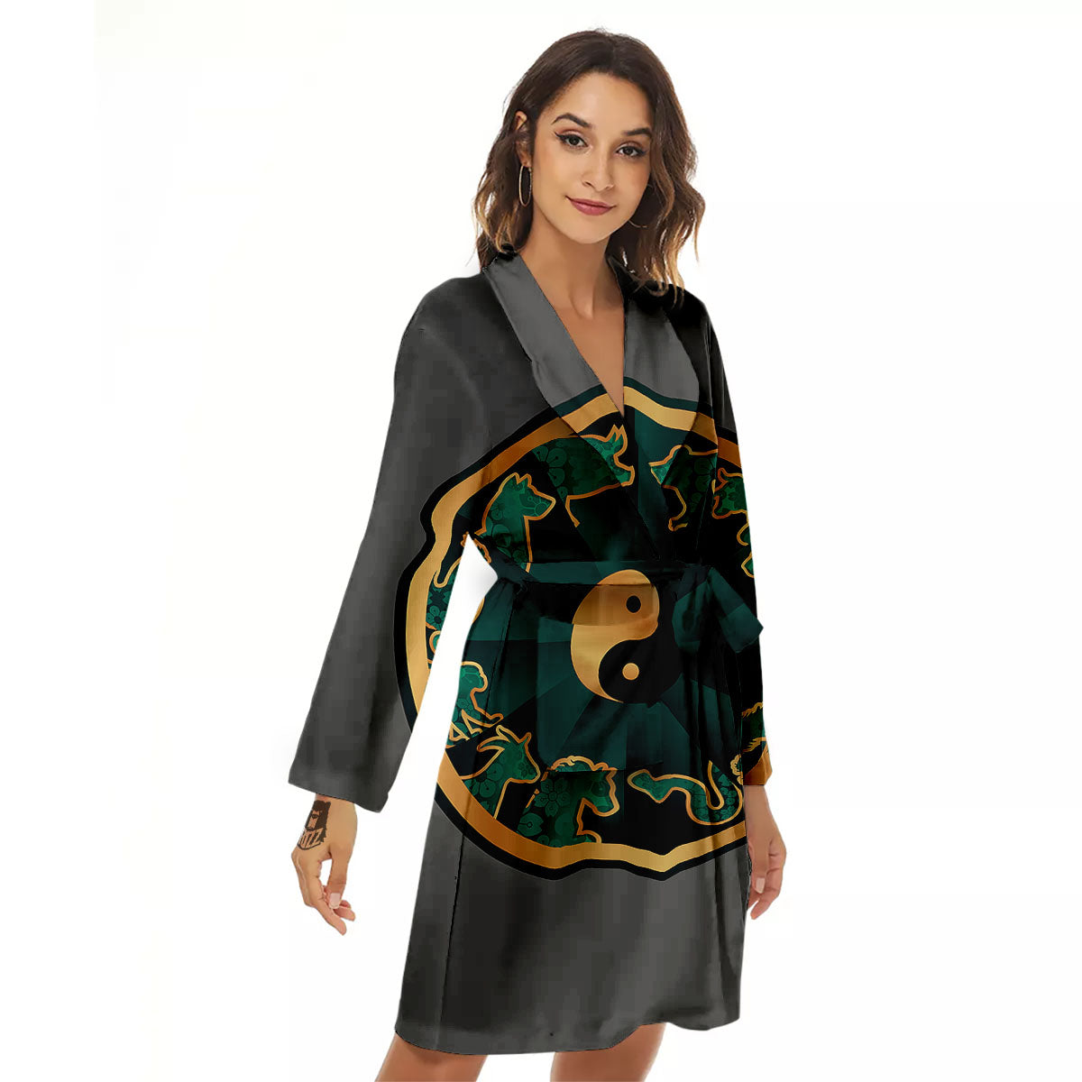Chinese Zodiac Gold And Green Print Women's Robe-grizzshop