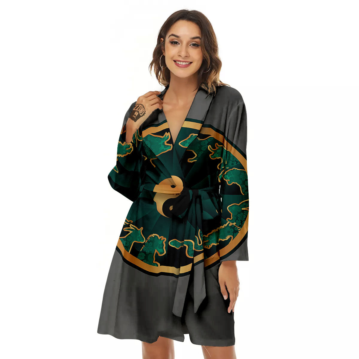 Chinese Zodiac Gold And Green Print Women's Robe-grizzshop