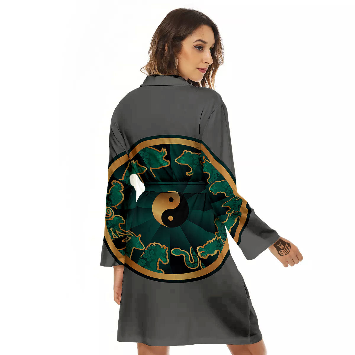Chinese Zodiac Gold And Green Print Women's Robe-grizzshop
