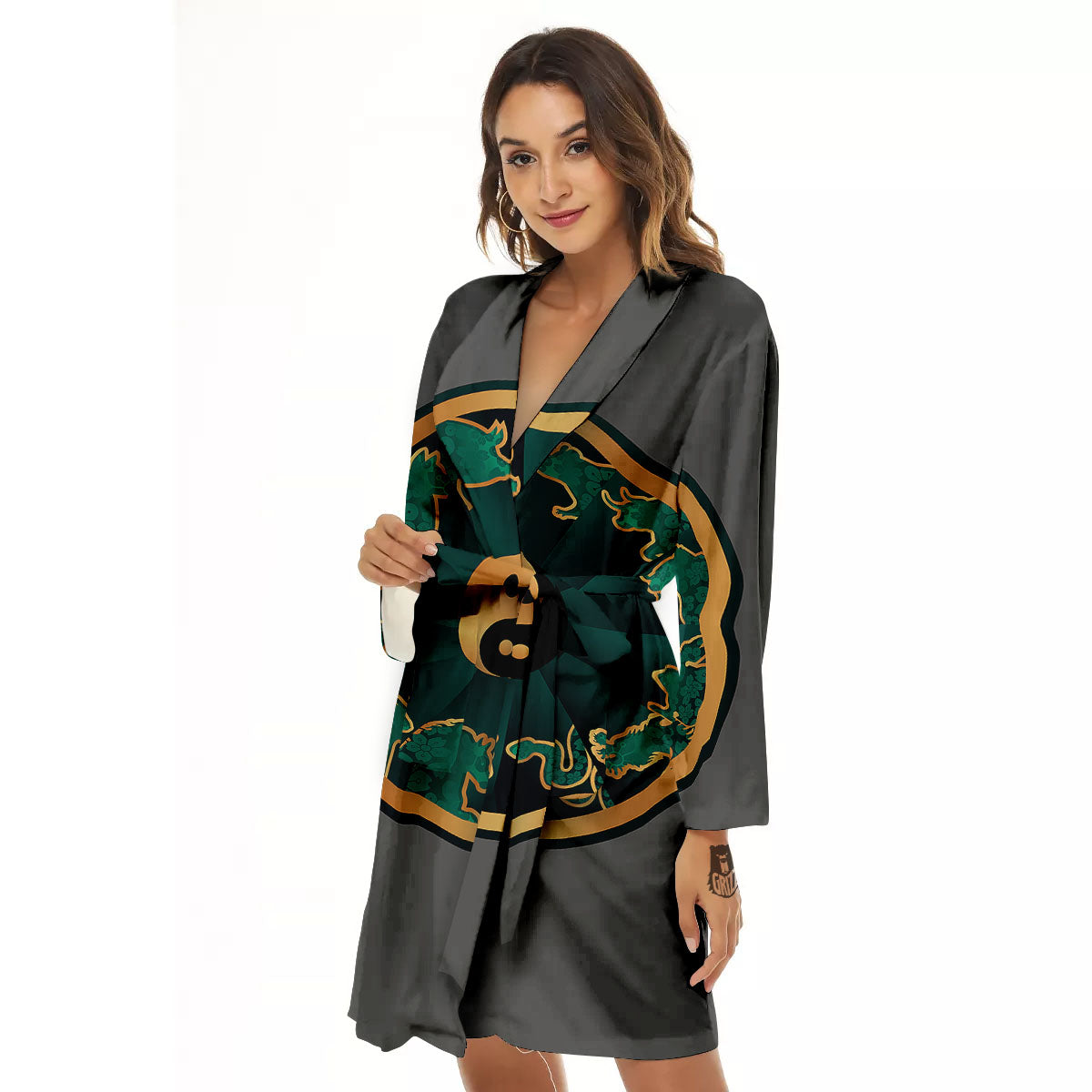 Chinese Zodiac Gold And Green Print Women's Robe-grizzshop