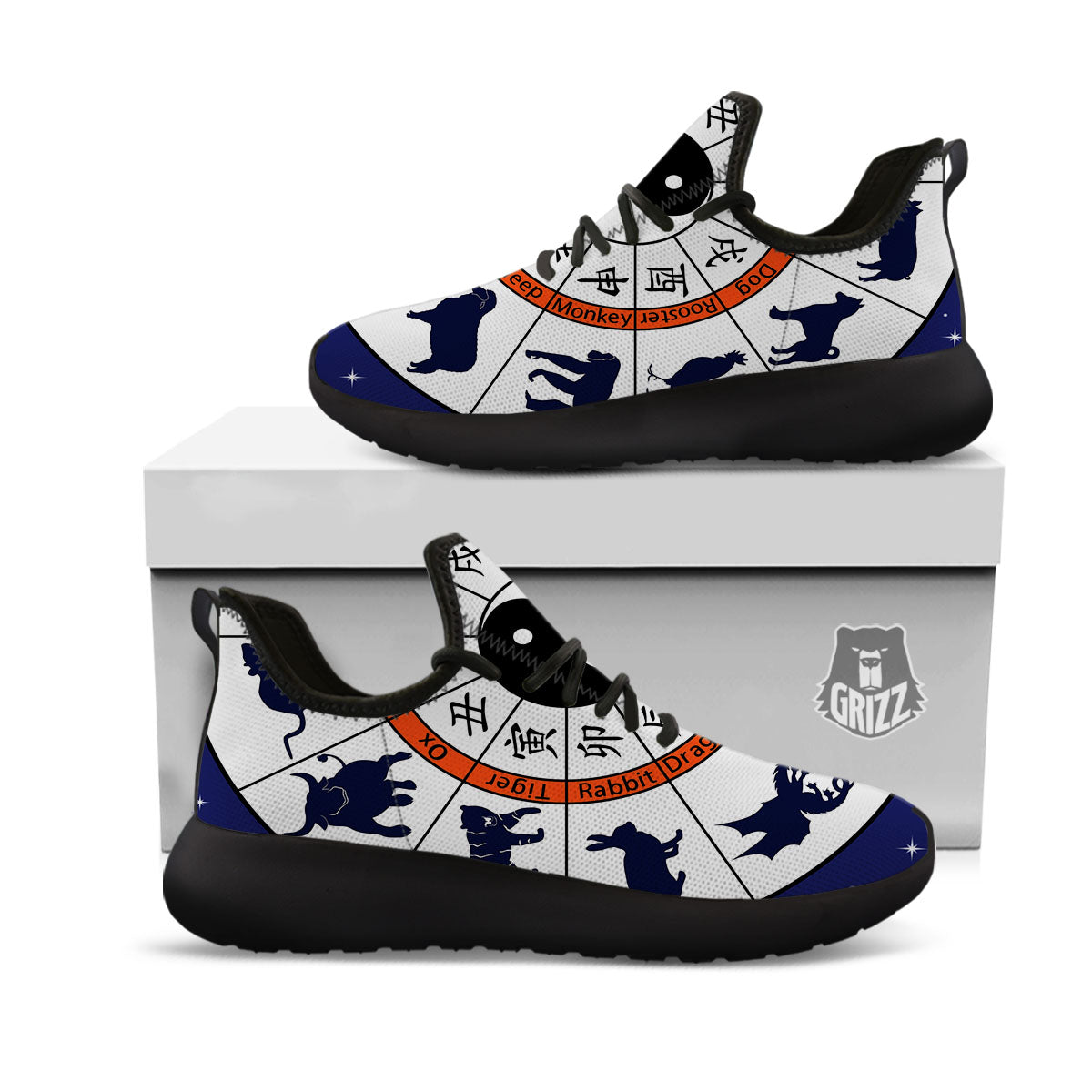 Chinese Zodiac Signs Yin Yang Print Black Athletic Shoes-grizzshop