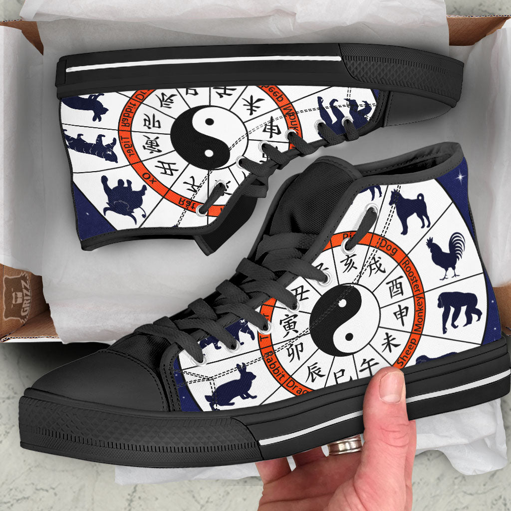 Chinese Zodiac Signs Yin Yang Print Black High Top Shoes-grizzshop
