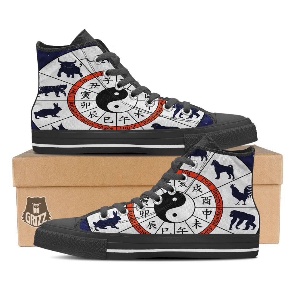 Chinese Zodiac Signs Yin Yang Print Black High Top Shoes-grizzshop