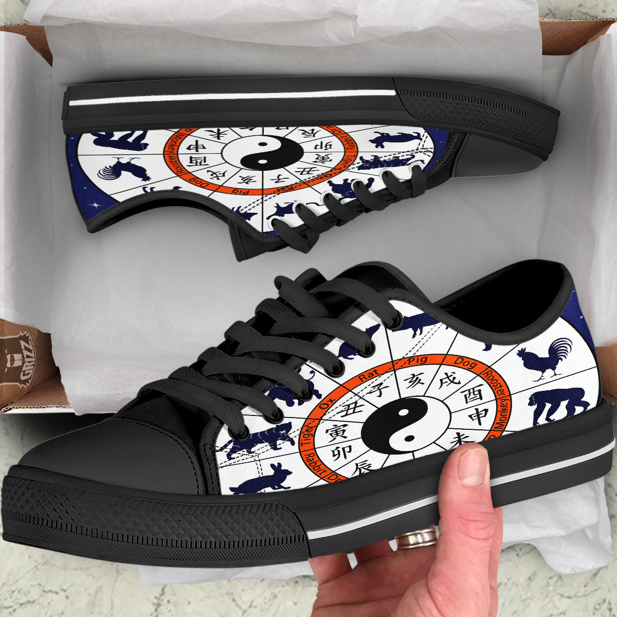 Chinese Zodiac Signs Yin Yang Print Black Low Top Shoes-grizzshop