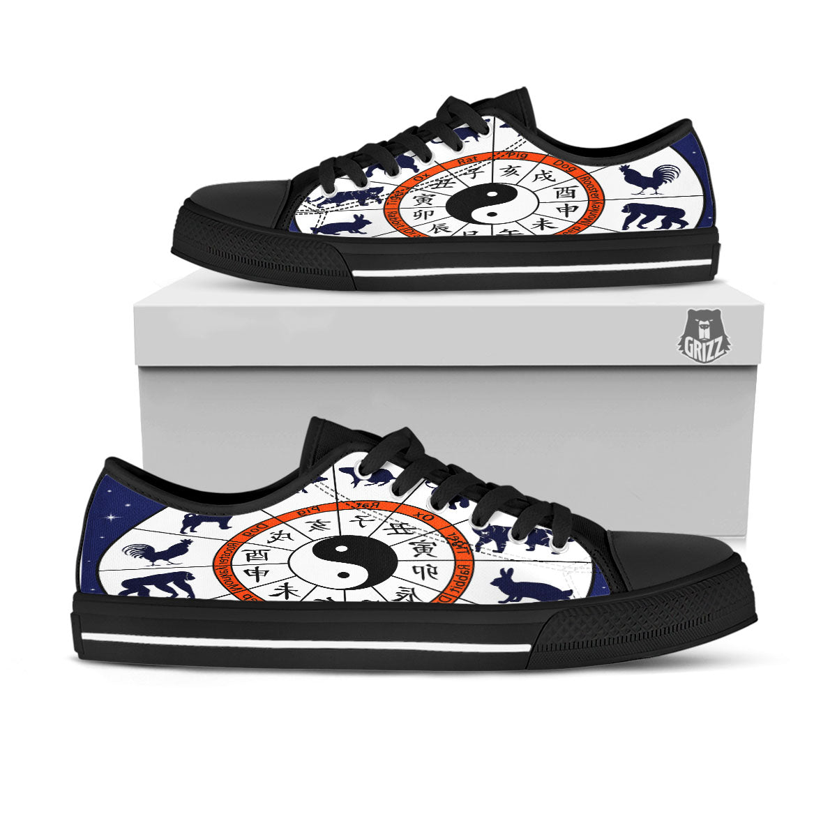 Chinese Zodiac Signs Yin Yang Print Black Low Top Shoes-grizzshop