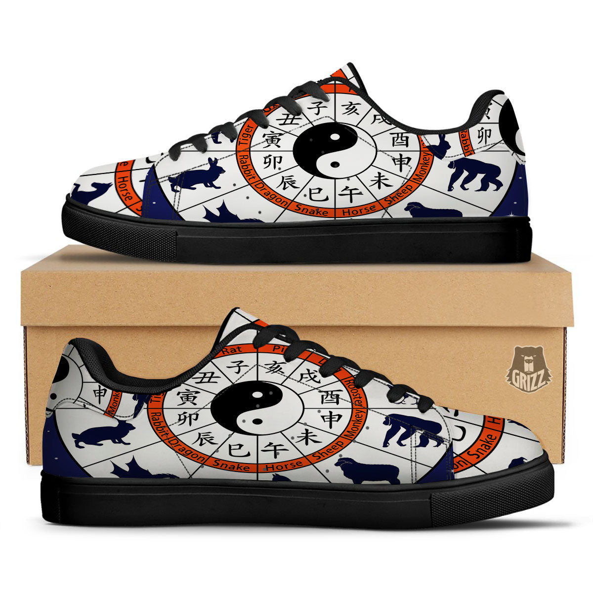 Chinese Zodiac Signs Yin Yang Print Black Low Top Sneakers-grizzshop