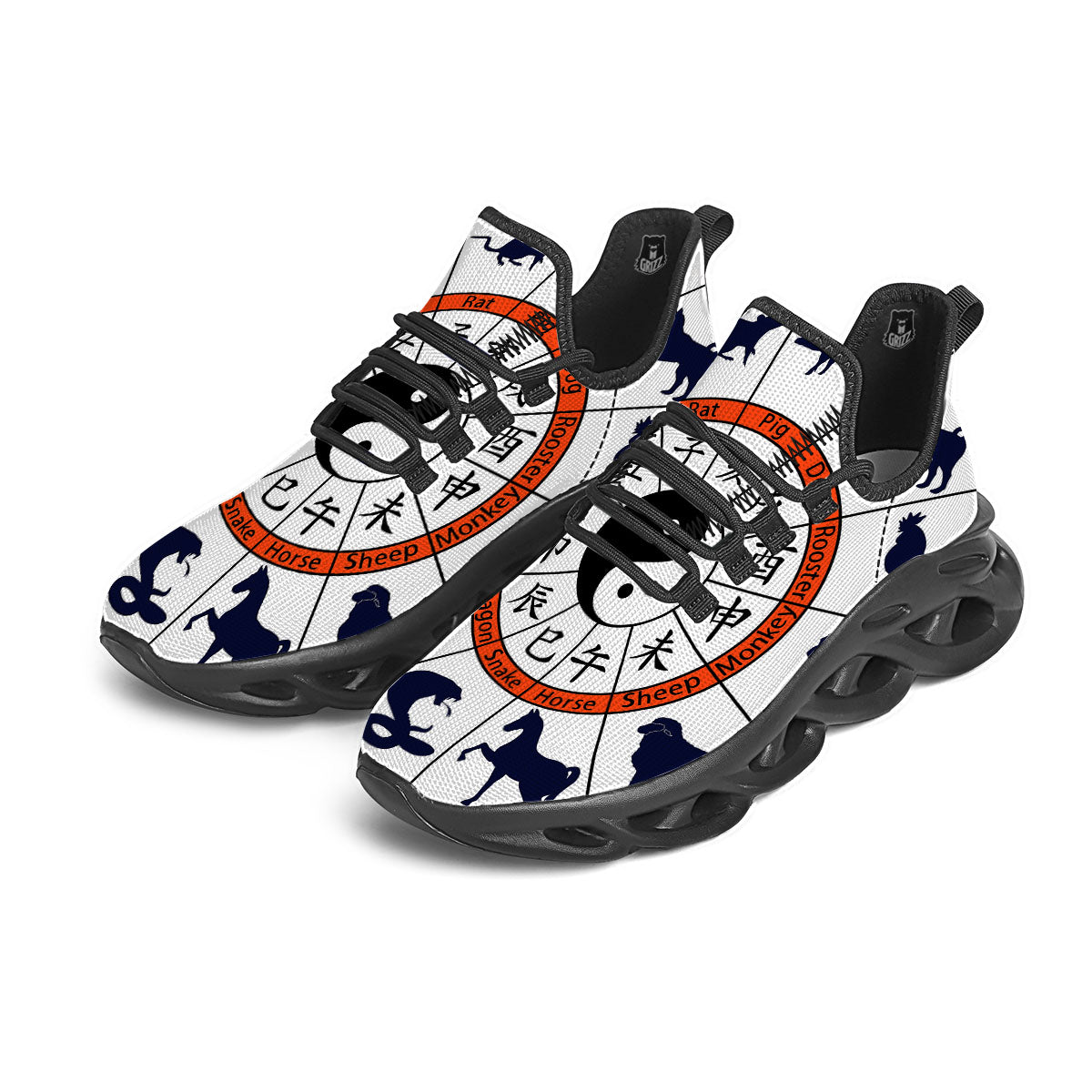 Chinese Zodiac Signs Yin Yang Print Black Running Shoes-grizzshop
