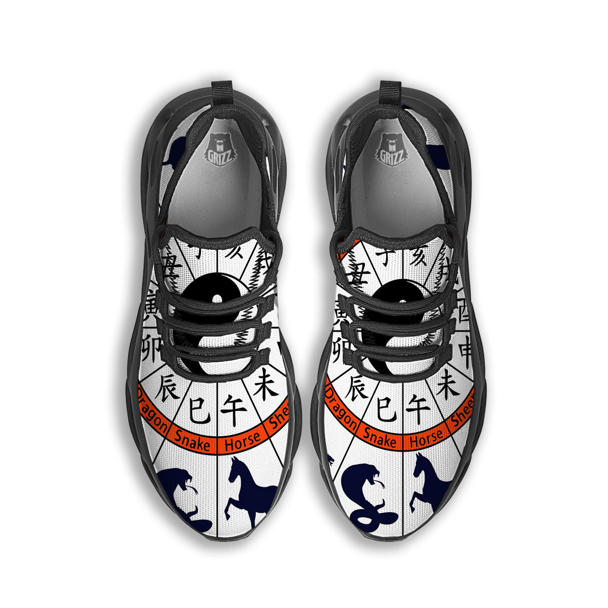 Chinese Zodiac Signs Yin Yang Print Black Running Shoes-grizzshop