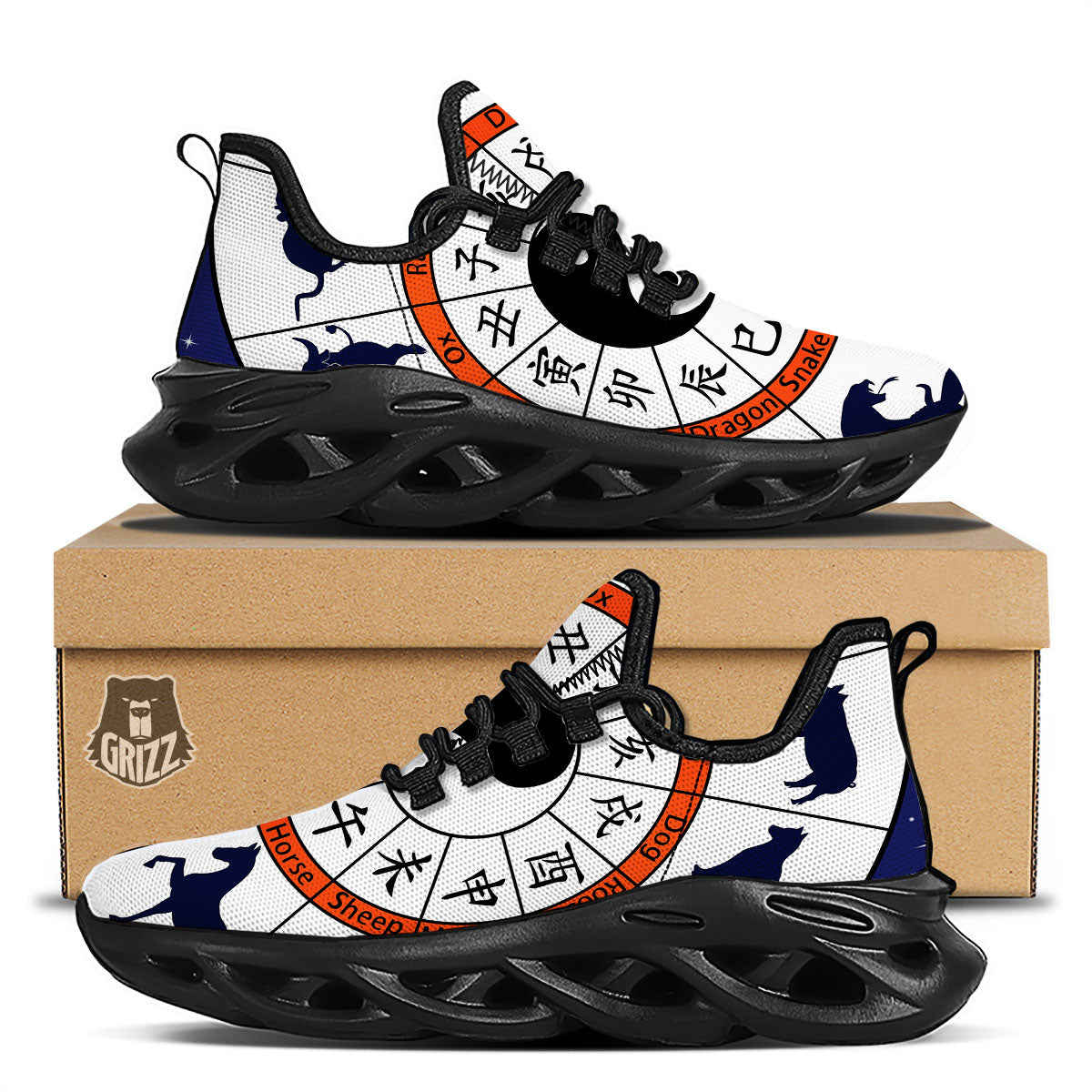 Chinese Zodiac Signs Yin Yang Print Black Running Shoes-grizzshop