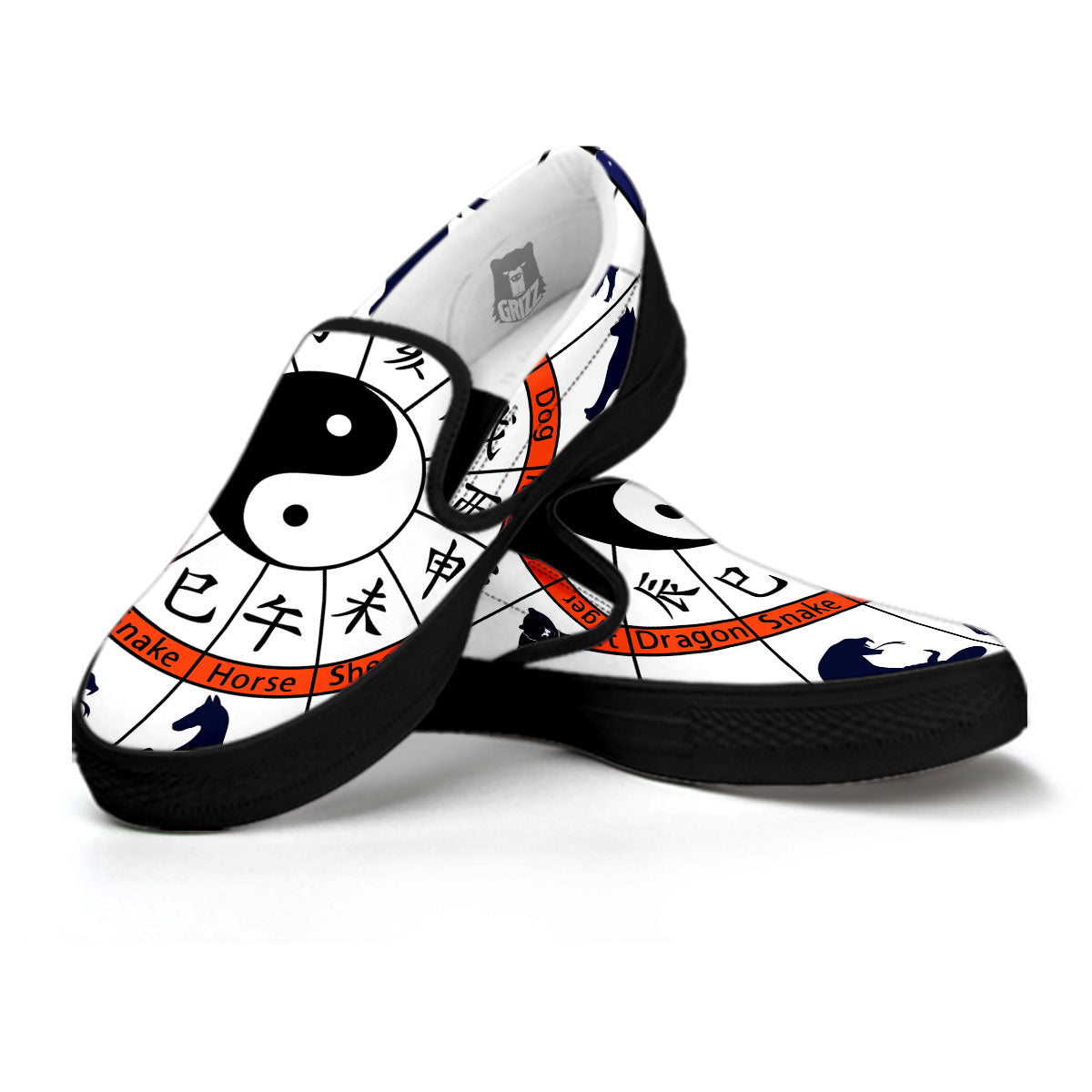Chinese Zodiac Signs Yin Yang Print Black Slip On Shoes-grizzshop