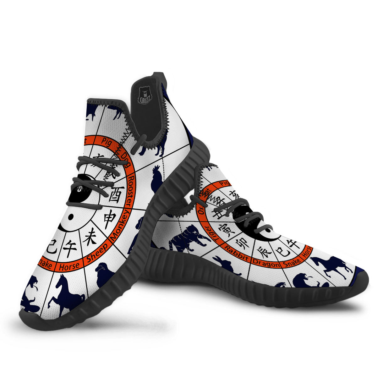 Chinese Zodiac Signs Yin Yang Print Black Walking Shoes-grizzshop