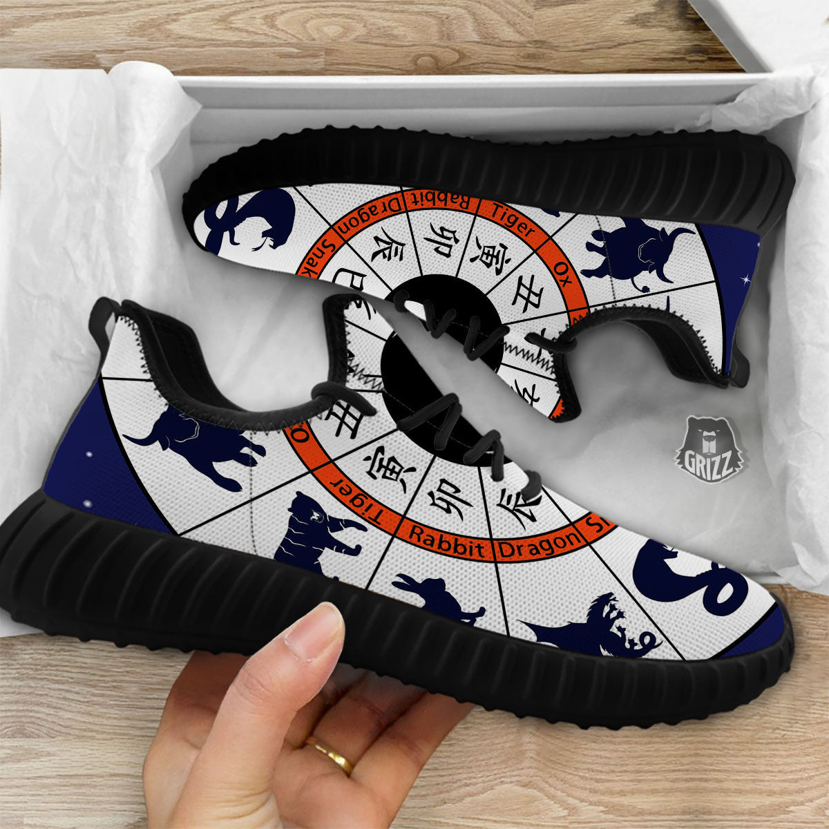 Chinese Zodiac Signs Yin Yang Print Black Walking Shoes-grizzshop