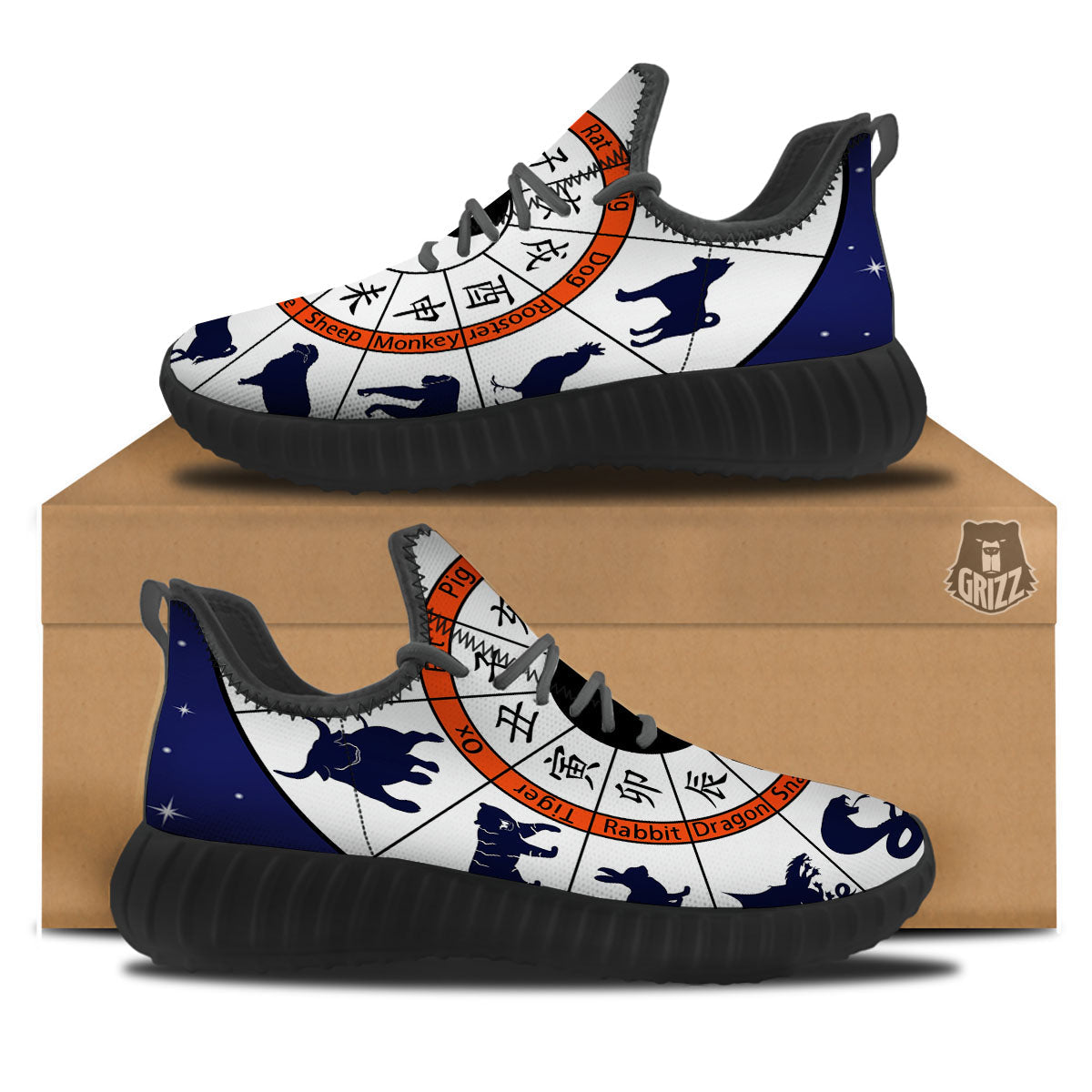 Chinese Zodiac Signs Yin Yang Print Black Walking Shoes-grizzshop