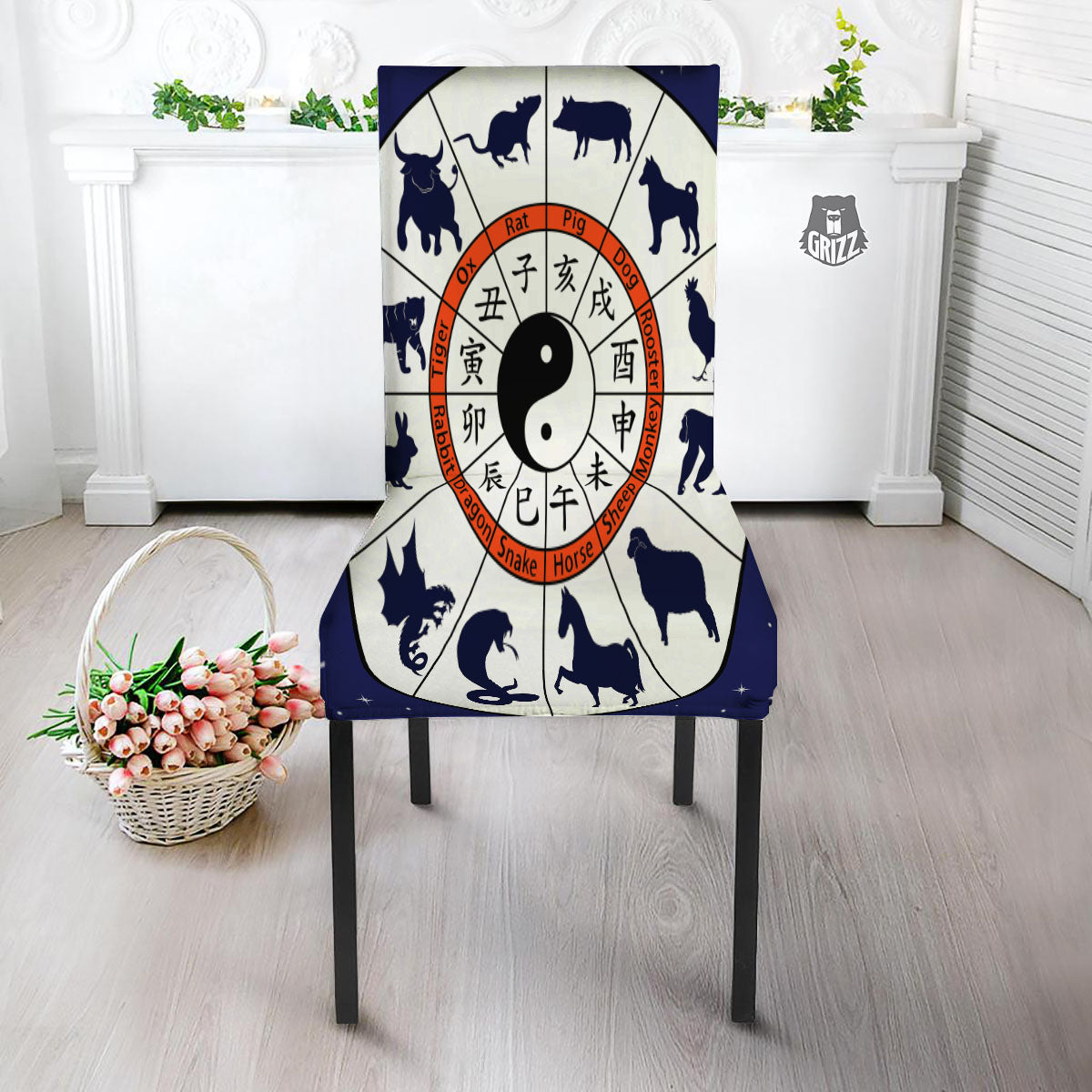 Chinese Zodiac Signs Yin Yang Print Dining Chair Slipcover-grizzshop