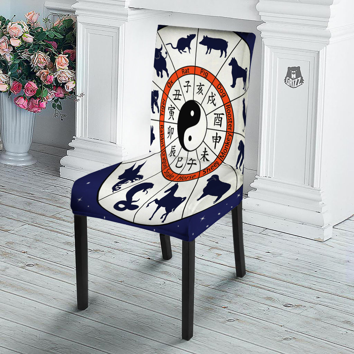 Chinese Zodiac Signs Yin Yang Print Dining Chair Slipcover-grizzshop