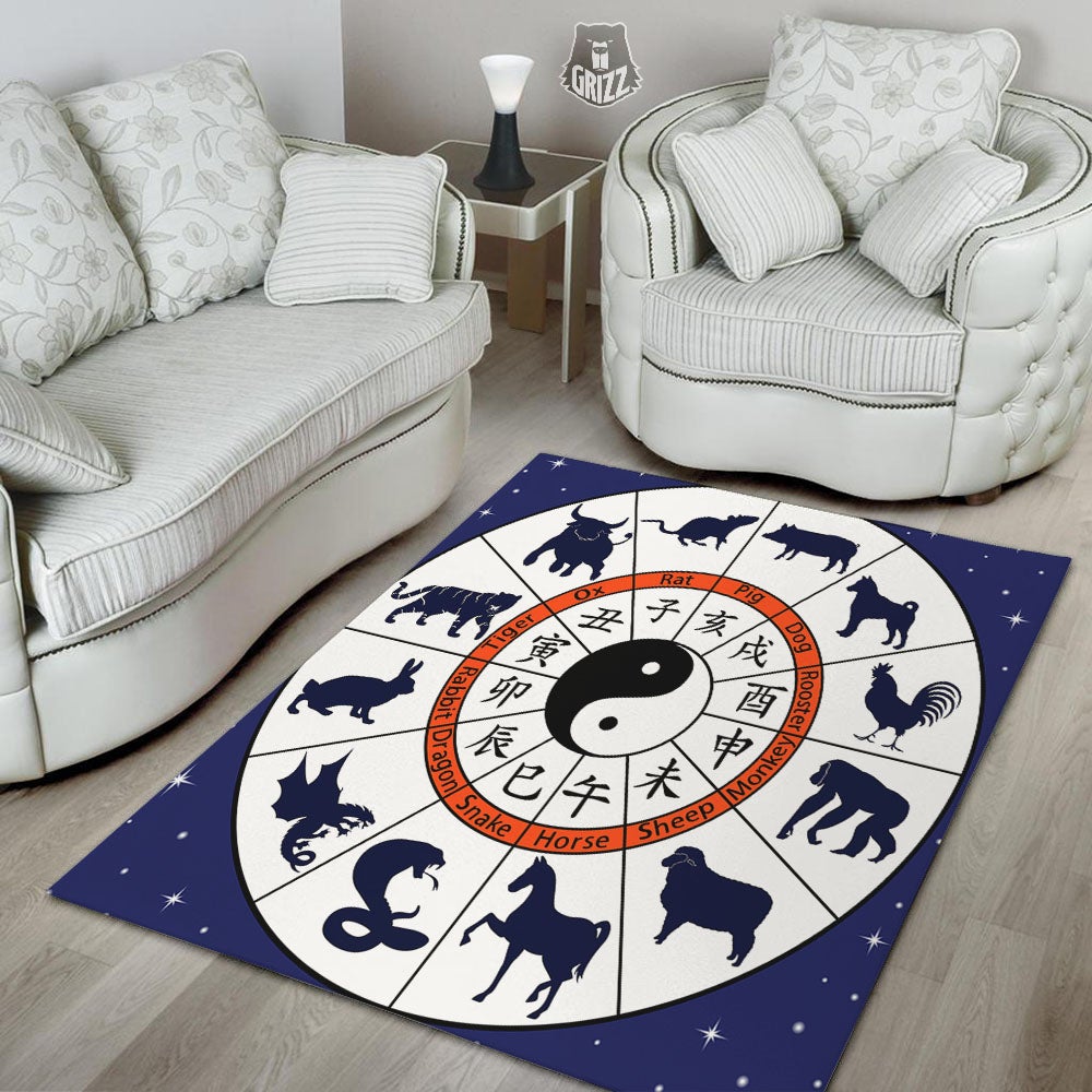 Chinese Zodiac Signs Yin Yang Print Floor Mat-grizzshop