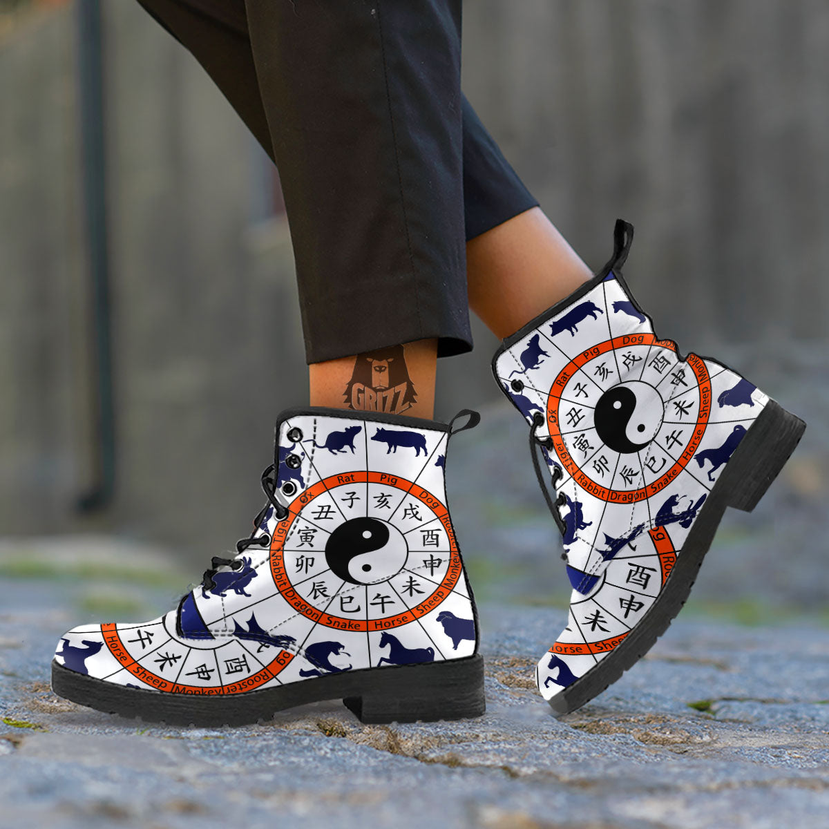 Chinese Zodiac Signs Yin Yang Print Leather Boots-grizzshop