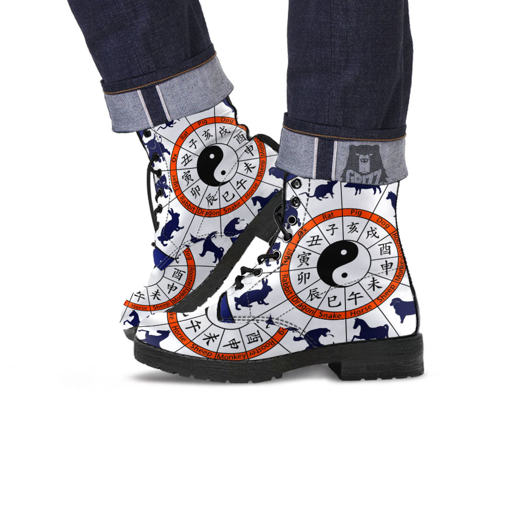 Chinese Zodiac Signs Yin Yang Print Leather Boots-grizzshop