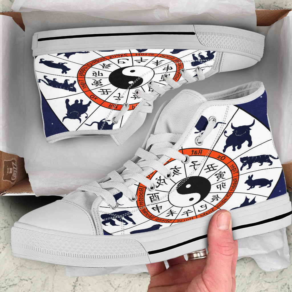 Chinese Zodiac Signs Yin Yang Print White High Top Shoes-grizzshop