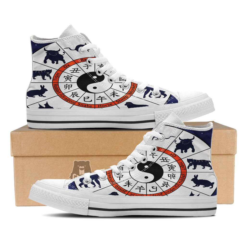Chinese Zodiac Signs Yin Yang Print White High Top Shoes-grizzshop