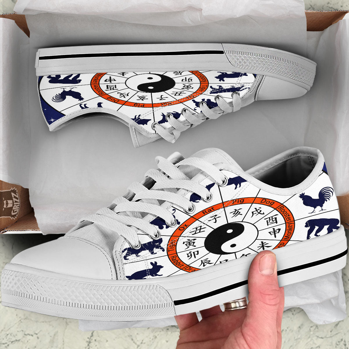 Chinese Zodiac Signs Yin Yang Print White Low Top Shoes-grizzshop