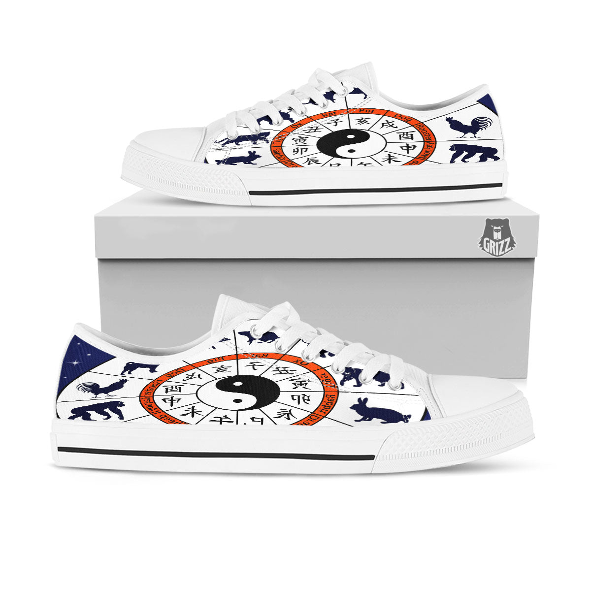 Chinese Zodiac Signs Yin Yang Print White Low Top Shoes-grizzshop